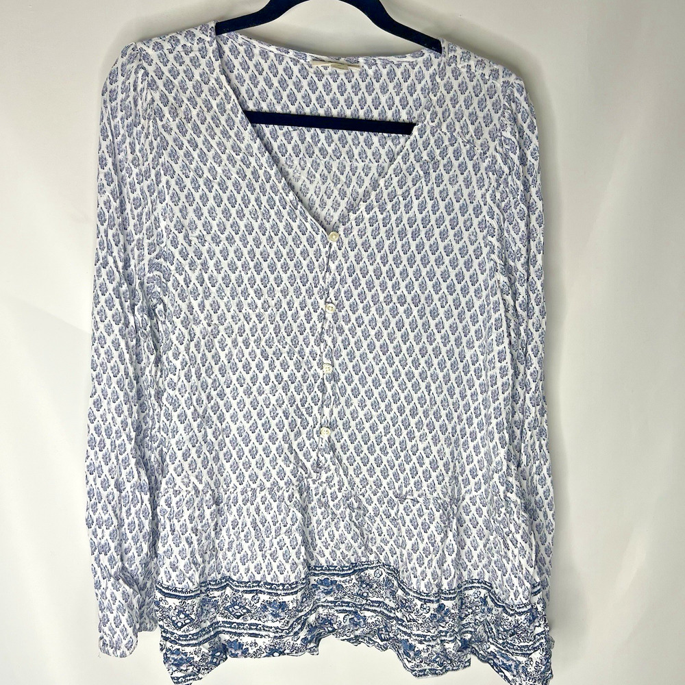 Style & Co Women's Blue & White Long Sleeve Button-up Peasant Blouse Size XL